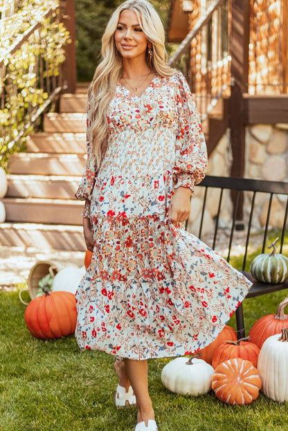 Khaki Floral Print Ruffled Tiered Long Sleeve V Neck Midi Dress - LustMia