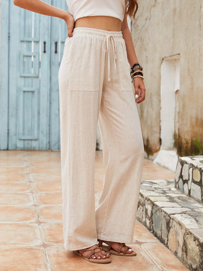 Womens Linen WideLeg Drawstring Beach Pants with Pockets - By Lustmia - LustMia