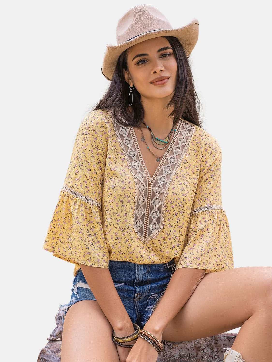 Ditsy Floral V - Neck Blouse - LustMia