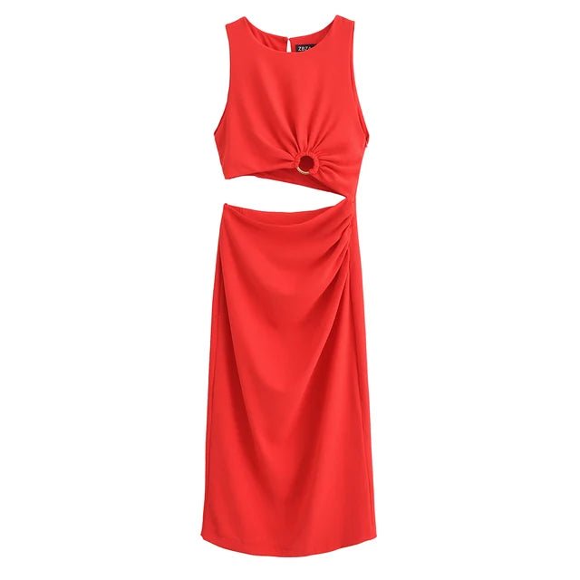 TRAF Sexy Hollow Midi Dress For Women 2024 Summer Fashion Slim Sleeveless Chic Elegant Female Evening Vestidos - LustMia