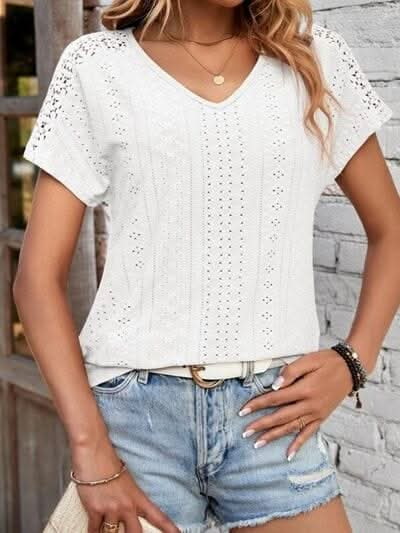 Eyelet V - Neck Short Sleeve T-Shirt - LustMia