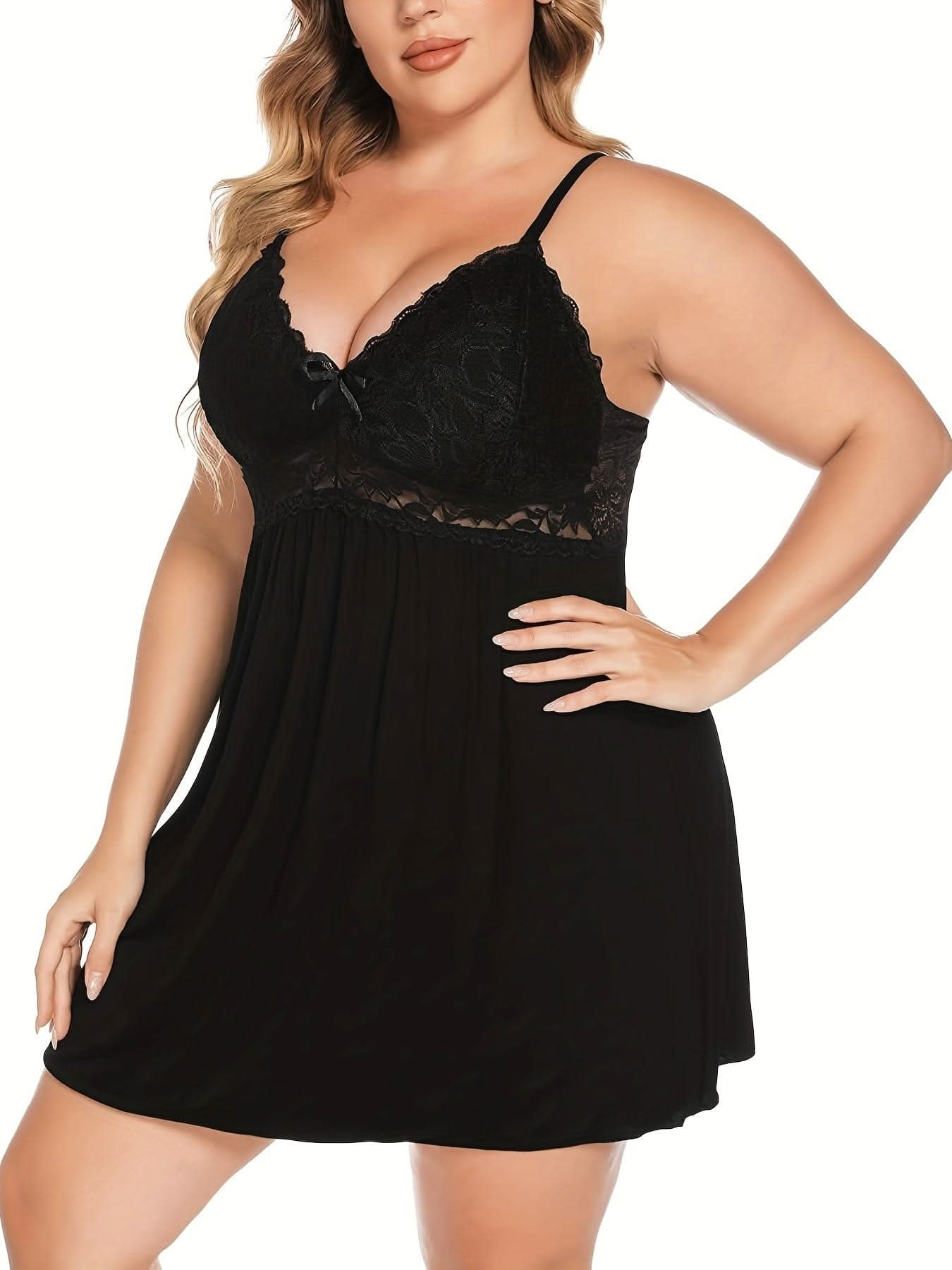 Sexy Lingerie Dress, Women's Plus Solid Contrast Lace Stretchy Comfort Lingerie Nightdress Plus Size - LustMia