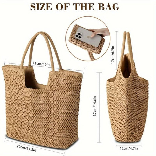 Straw Woven Tote Bag, Large Capacity Shoulder Bag, Women's Casual Handbag For Travel Beach Shopping - LustMia