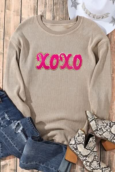 XOXO Sequin Round Neck Dropped Shoulder Sweatshirt - LustMia