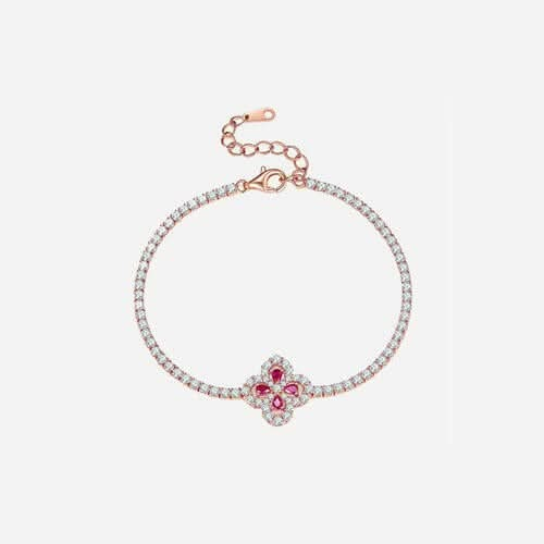 Lab - Grown Ruby 925 Sterling Silver Flower Shape Bracelet - LustMia