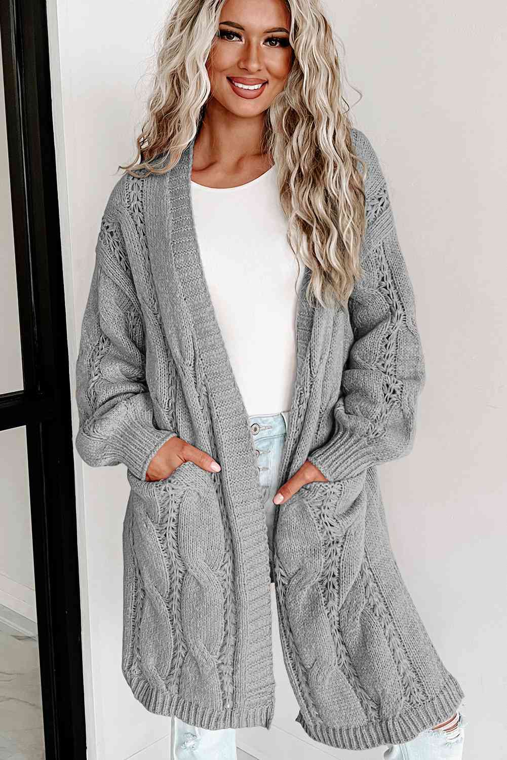 Cable - Knit Dropped Shoulder Cardigan - LustMia