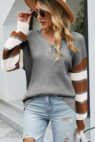 Color Block V - Neck Dropped Shoulder Sweater - LustMia