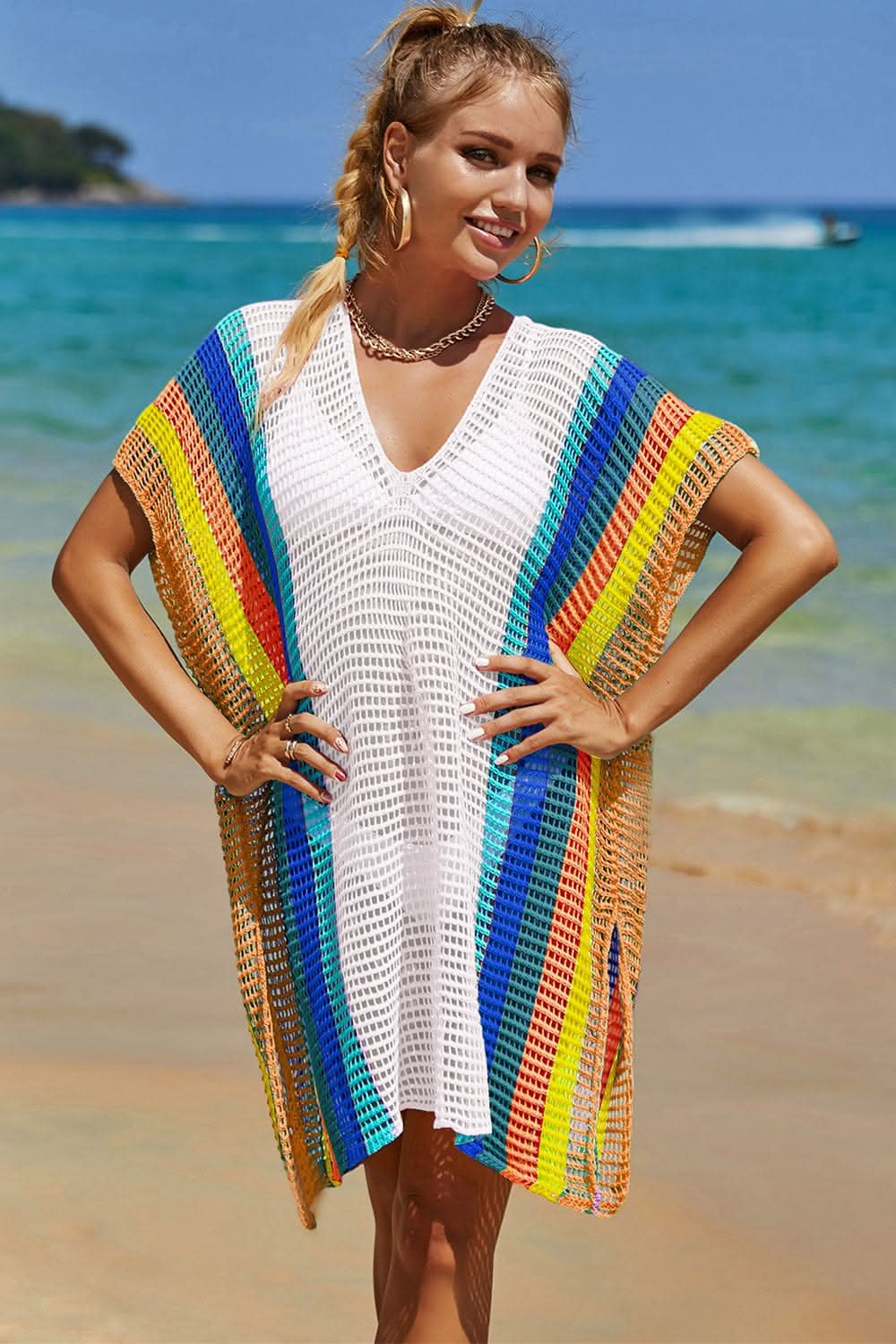 Openwork Striped Slit Knit Cover Up - LustMia