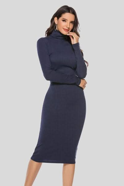 Ribbed Turtleneck Long Sleeve Dress - LustMia