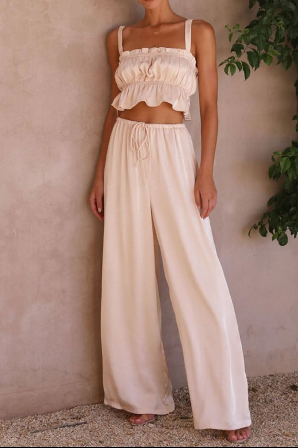 Ruffled Sleeveless Top and Wide Leg Pants Set - By Lustmia - LustMia