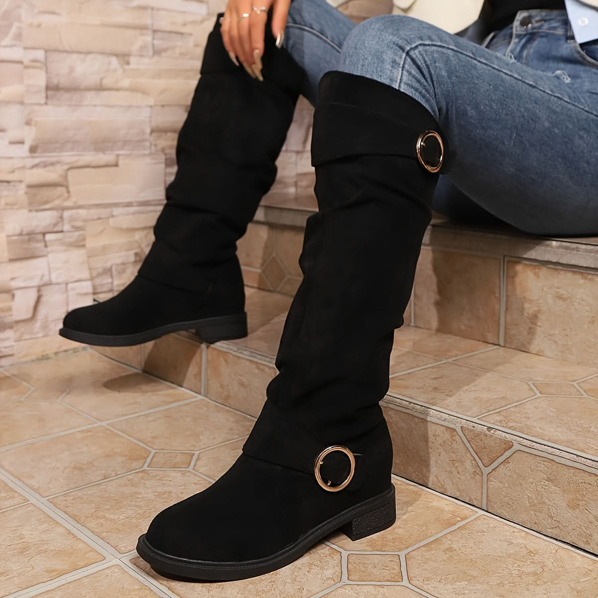 Women's Solid Color Trendy Boots, Buckle Belt Pull On Chunky Heel High Knee Boots - LustMia