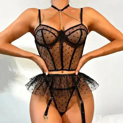 Elegant Lace Hollow Sexy ThreePiece Lingerie Set - LustMia