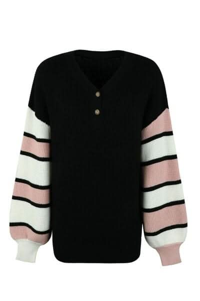 Color Block V - Neck Dropped Shoulder Sweater - LustMia