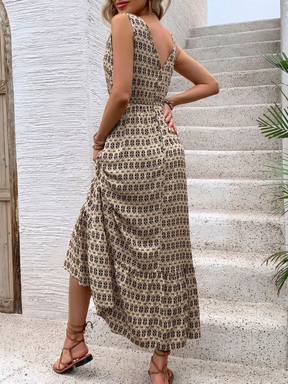 Printed V - Neck Tie Waist Midi Dress - LustMia