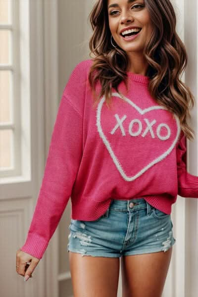 XOXO Heart Round Neck Dropped Shoulder Sweater - LustMia