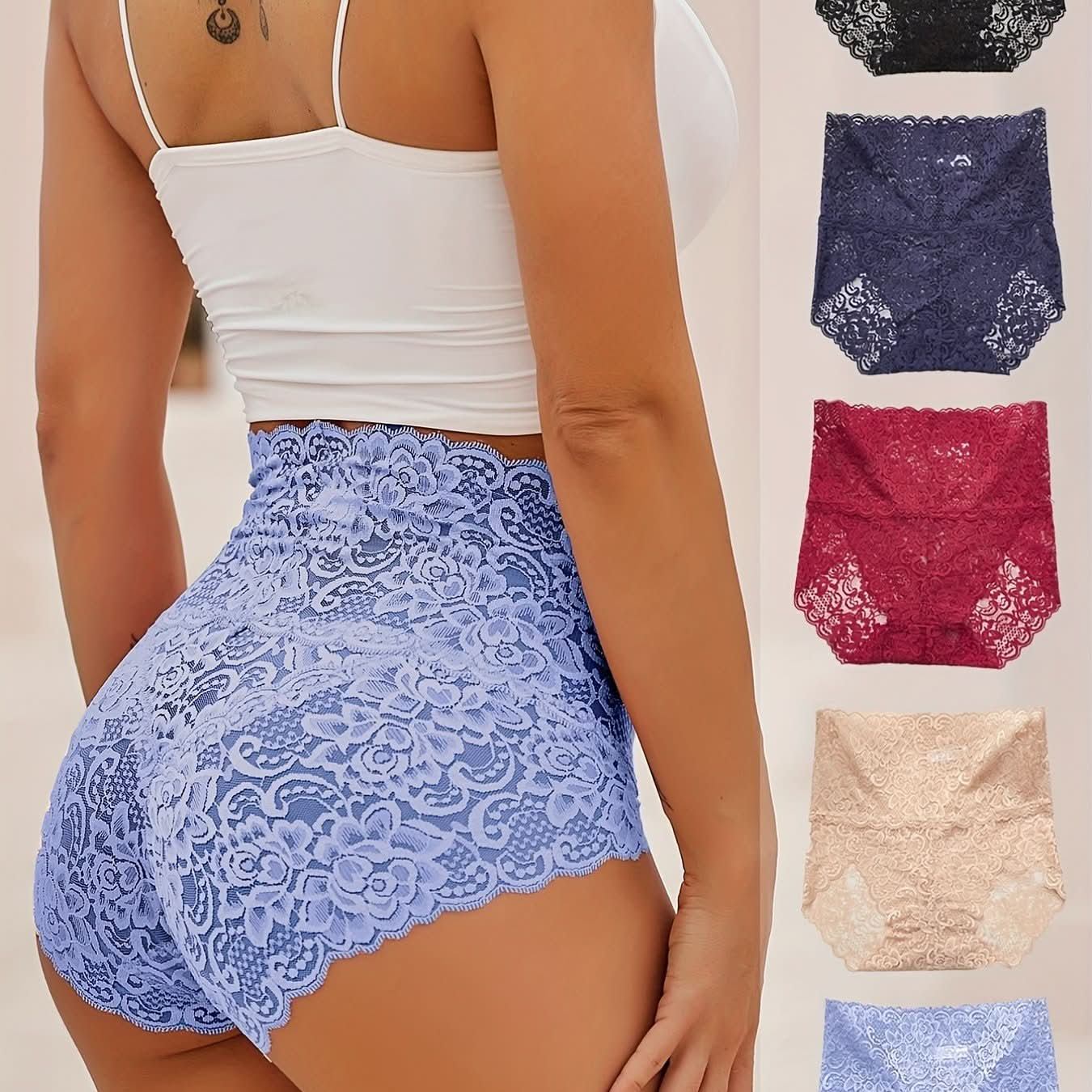 5pcs Floral Lace Briefs, Breathable Scallop Trim Stretch Panties, Women's Lingerie & Underwear - LustMia