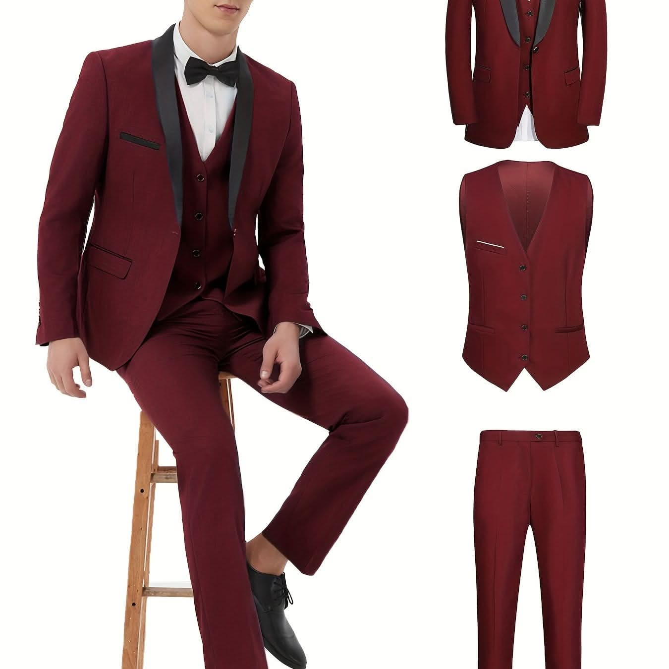 Elegant 3Piece Mens Tuxedo Set Jacket Vest Pants - LustMia