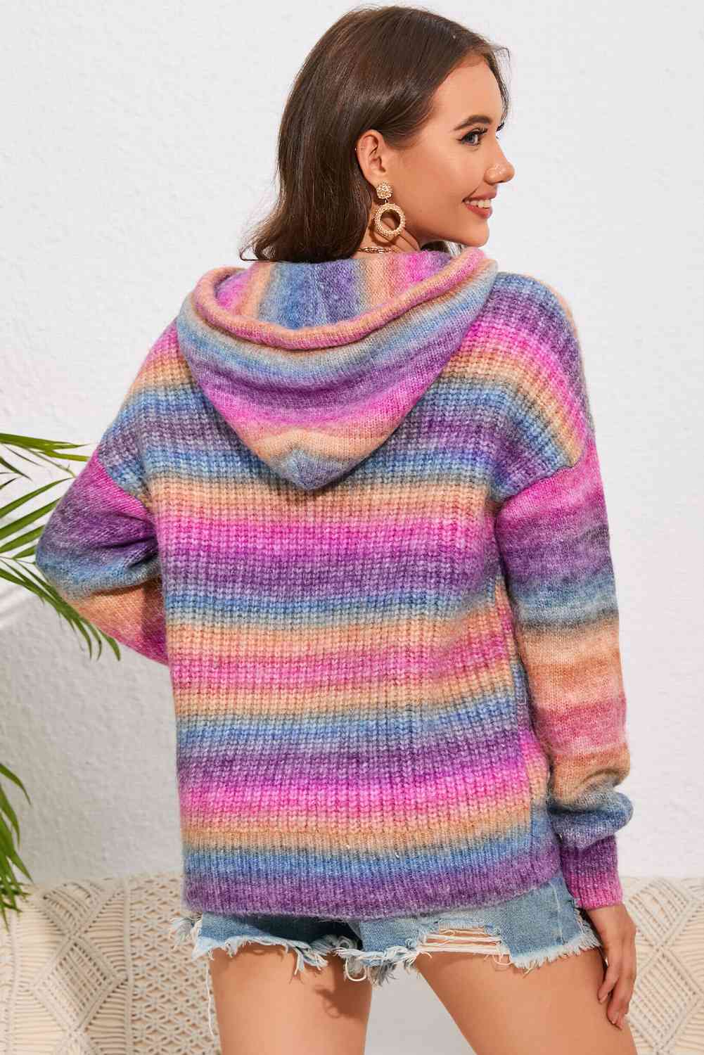 Multicolor Dropped Shoulder Hooded Sweater - LustMia