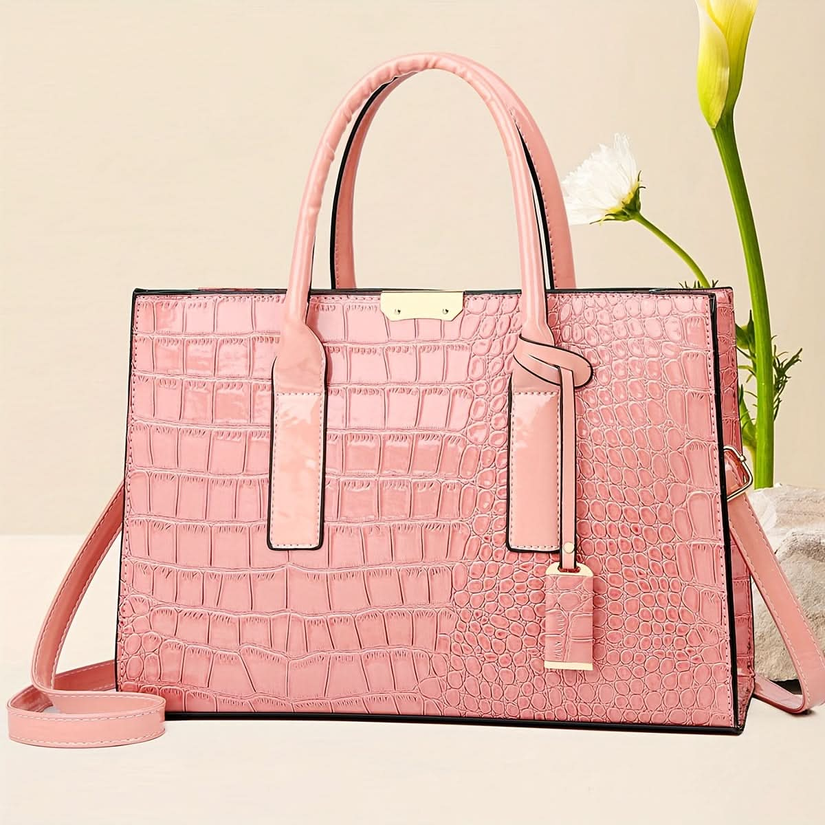 Classic Elegant Square Handbag, With Crocodile Pattern - LustMia