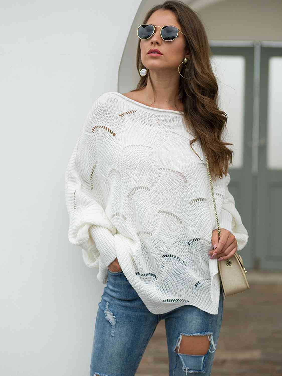 Full Size Boat Neck Lantern Sleeve Openwork Knit Top - LustMia