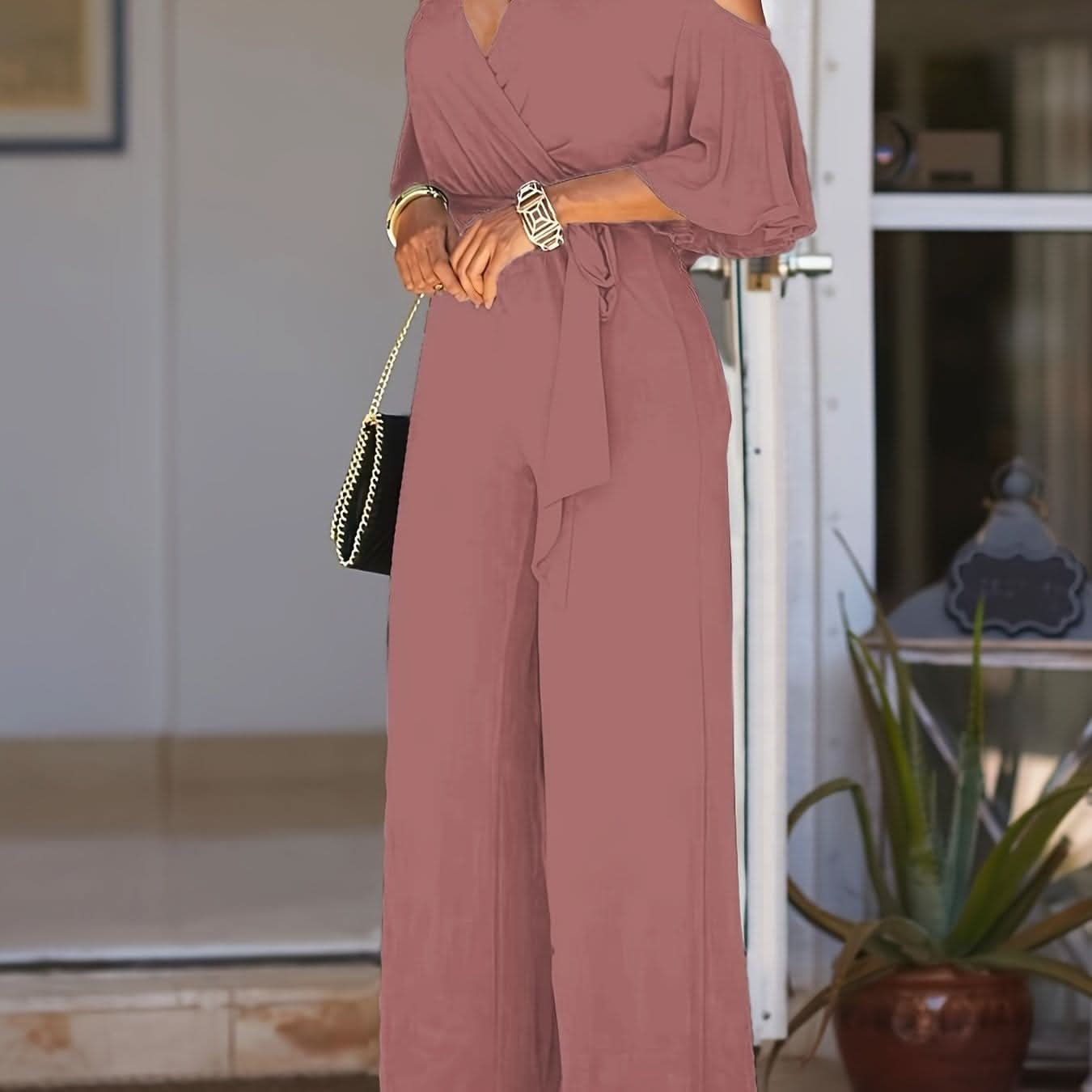 Elegant Cold Shoulder Vneck Jumpsuit - LustMia