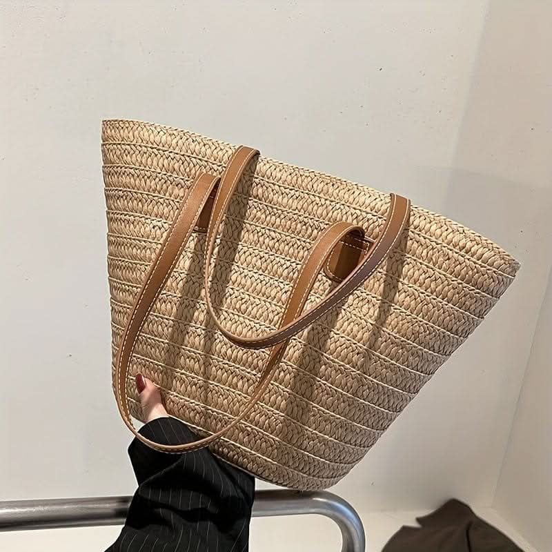 Chic French Style Braided Straw Tote Bag - Lightweight & Secure with Double Handles, Zipper Closure, and Slouchy Design - Perfect for Beach Vacations - LustMia