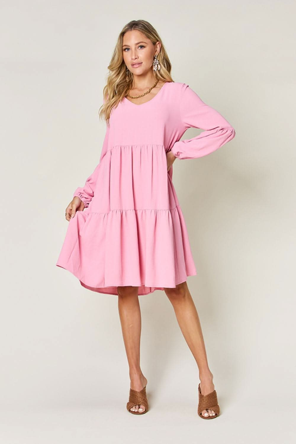 Double Take Full Size V - Neck Balloon Sleeve Tiered Dress - LustMia