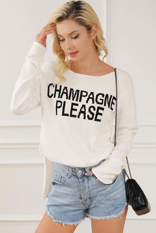 CHAMPAGNE PLEASE Long Sleeve Slit Sweater - LustMia