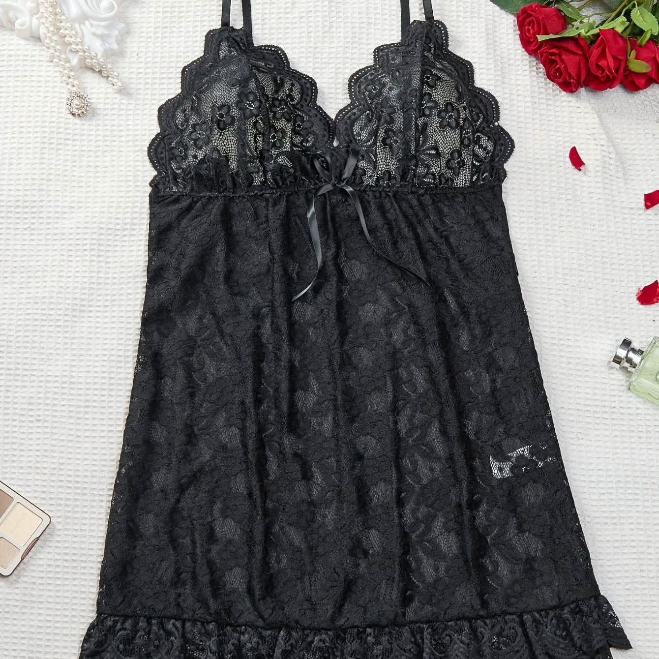 Women's Sexy Lingerie Dress, Plus Size Solid Lace Bow Knot Backless Cami Sexy Dress - LustMia