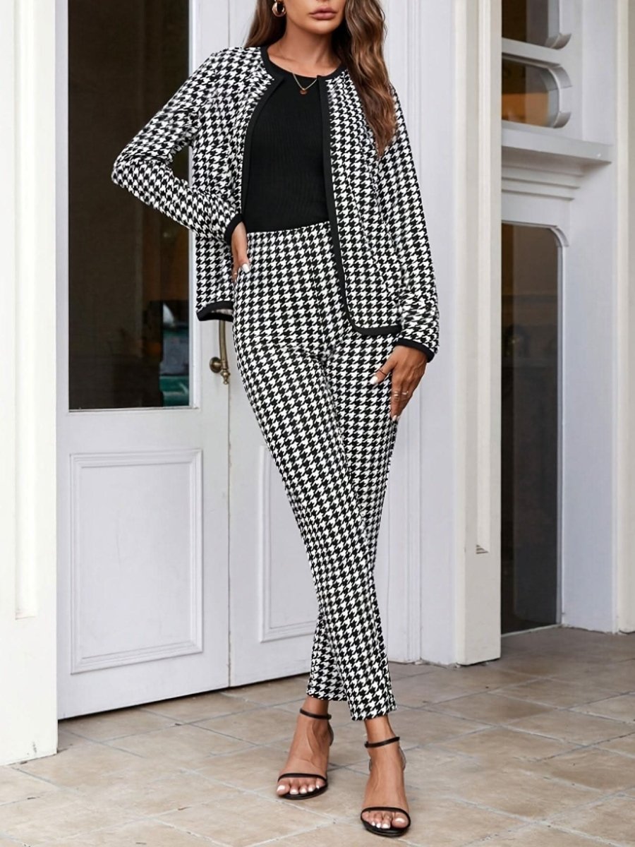 Elegant Houndstooth Womens Pantsuit Chic Business Casual Outfit - By Lustmia - LustMia