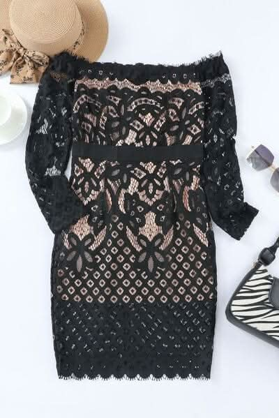 Off - Shoulder Long Sleeve Lace Dress - LustMia