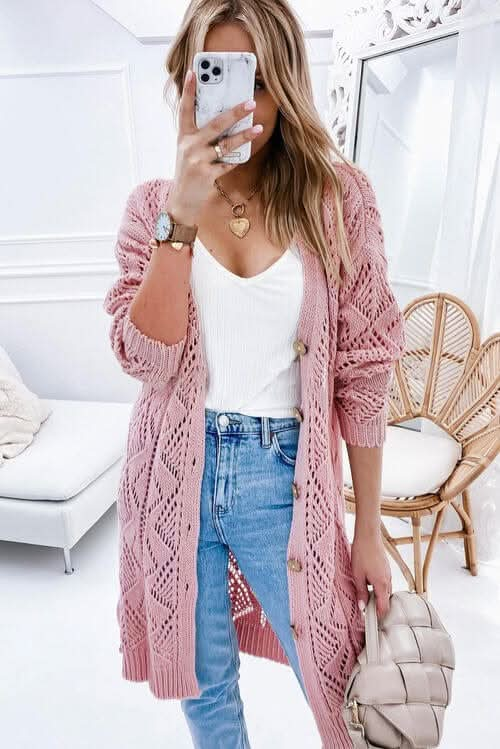 V - Neck Long Sleeve Cardigan - LustMia