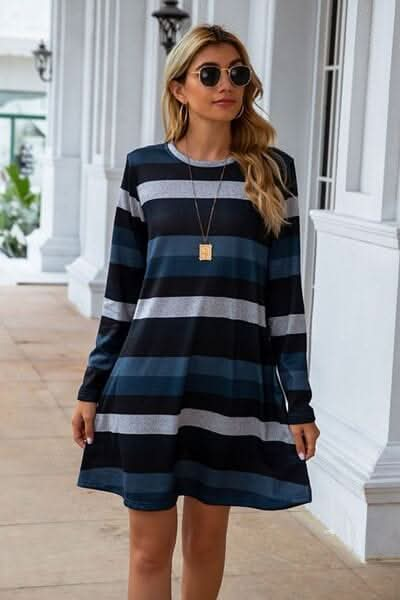 Striped Round Neck Long Sleeve Dress - LustMia