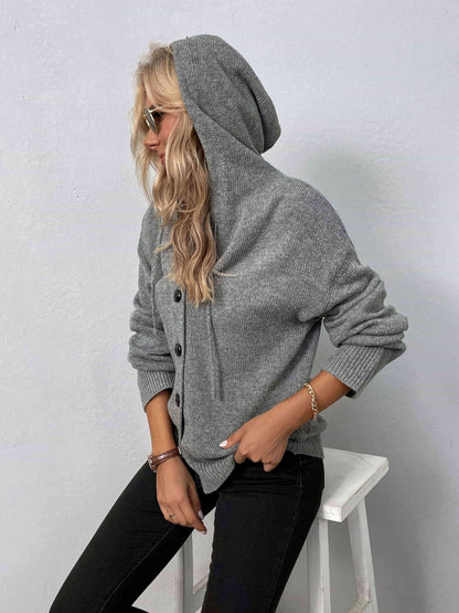 Button - Down Long Sleeve Hooded Sweater - LustMia