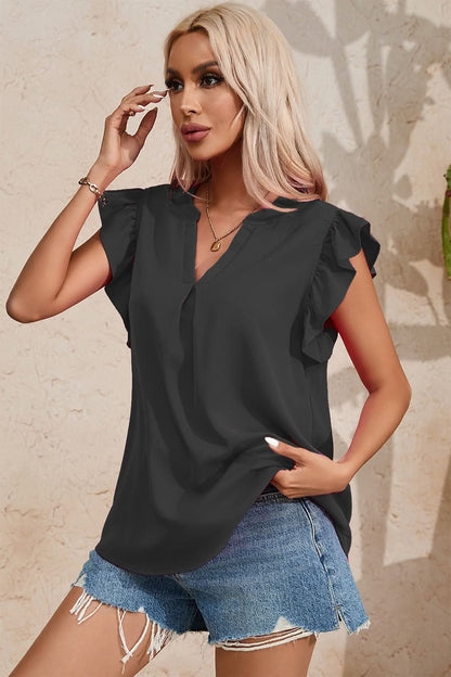 Ruffled Notched Cap Sleeve Blouse - LustMia