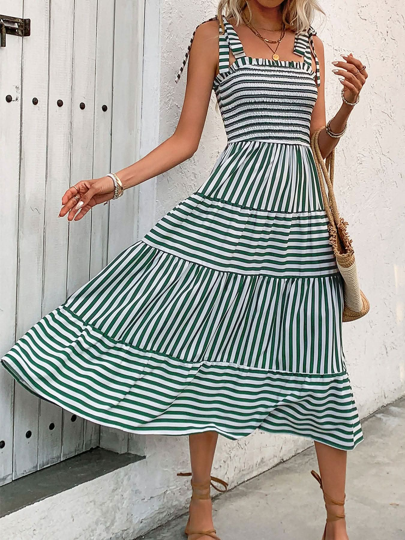 Smocked Striped Square Neck Midi Dress - LustMia