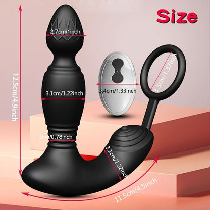 Potent 3 - Motor Thrusting Anal Vibrator with Penis Ring & Prostate Massage - 10 Modes, Waterproof, USB - Powered with Infrared Remote Control, Latex - Free - LustMia