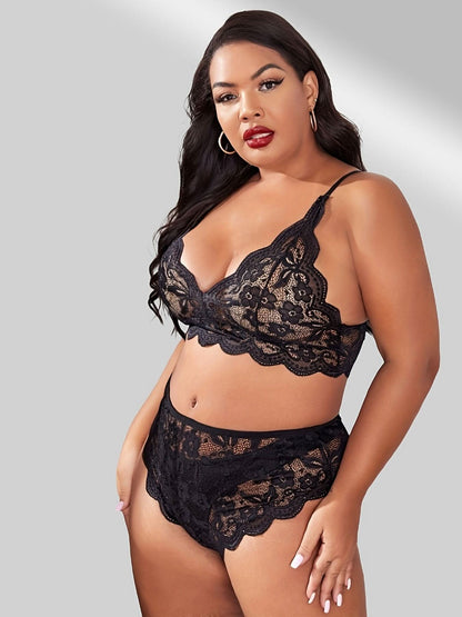 Plus Size Sexy Lingerie Set, Women's Plus Contrast Lace Trim Semi Sheer Bra & Underwear Lingerie Two Piece Set - LustMia