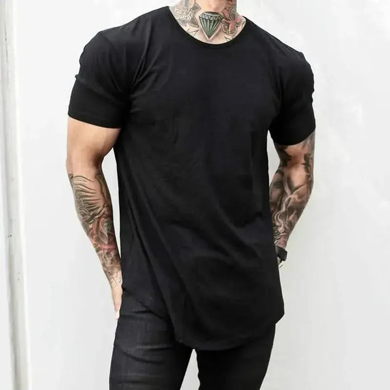 Men T Shirt Solid Colors Casual Workout Shirts Curved Hem T-Shirt Men Fashion Streetwear 3XL - LustMia