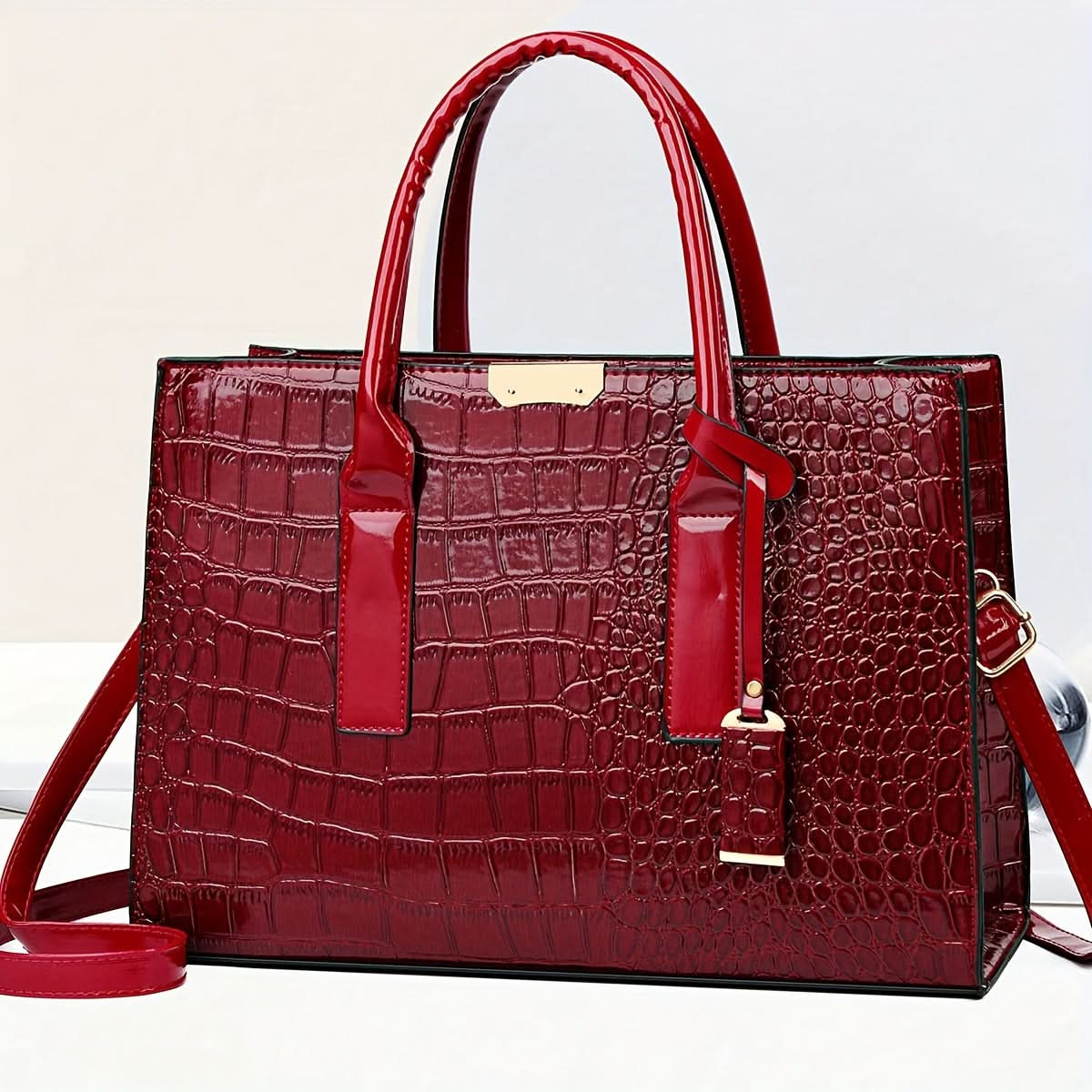 Classic Elegant Square Handbag, With Crocodile Pattern - LustMia