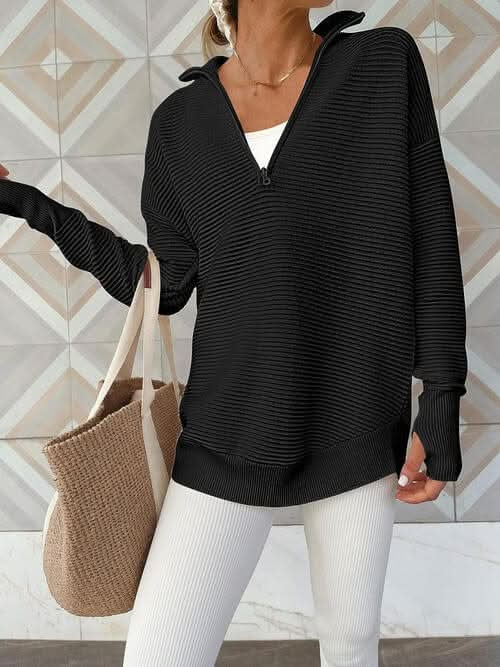 Half Zip Long Sleeve Knit Top - LustMia