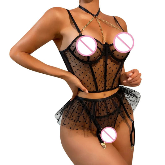 Elegant Lace Hollow Sexy ThreePiece Lingerie Set - LustMia