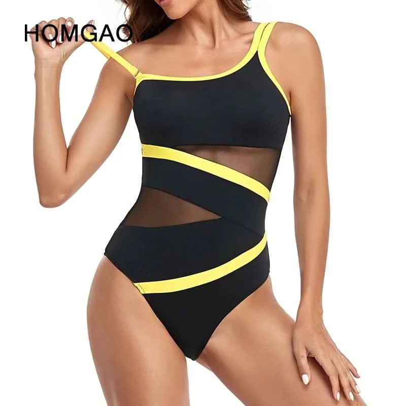 HOMGAO Sexy Mesh One - Piece Swimwear Women One Shoulder Swimsuit Bodysuit Beachwear Brazilian Bathing Suits Summer Monokini - LustMia