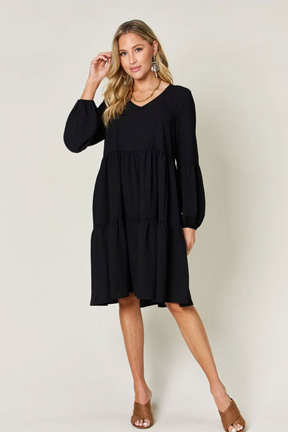 Double Take Full Size V - Neck Balloon Sleeve Tiered Dress - LustMia