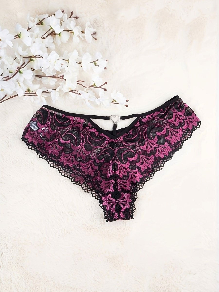 Plus Size Sexy Panty, Women's Plus Floral Lace Rhinestone Heart Ring Linked High Stretch Brief - LustMia