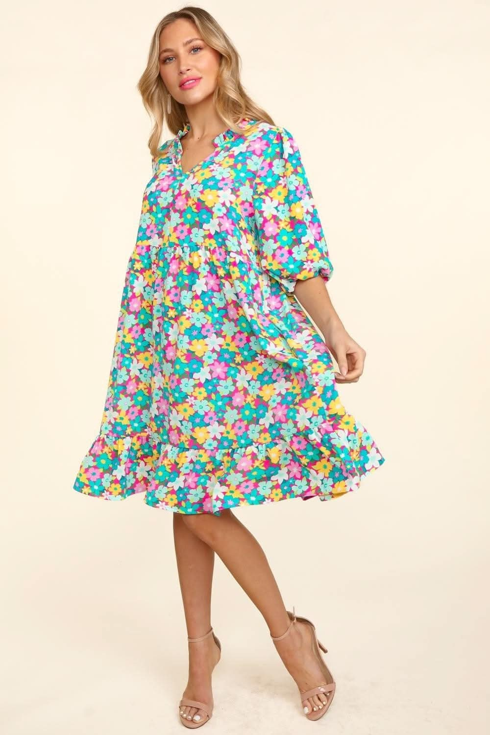 Haptics Bubble Sleeve Floral Ruffled Dress - LustMia