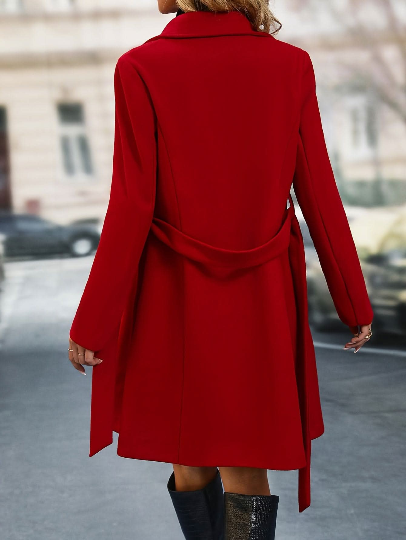 Elegant Double - Breasted Longline Coat - Notched Lapel, Solid Color - LustMia