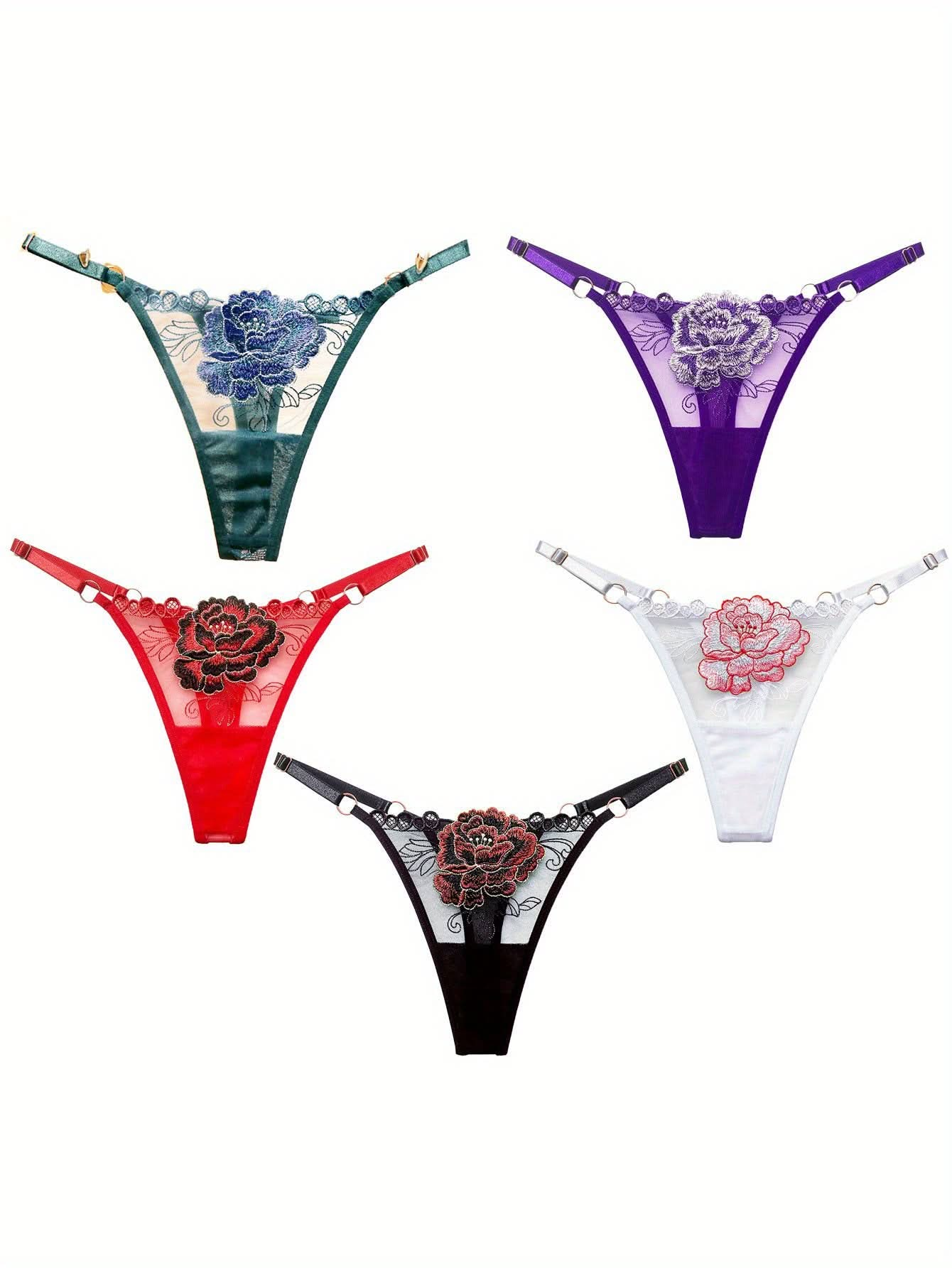 5pcs Floral Embroidery Thongs, Semi Sheer Ring Linked Mesh Panties, Women's Sexy Lingerie & Underwear - LustMia