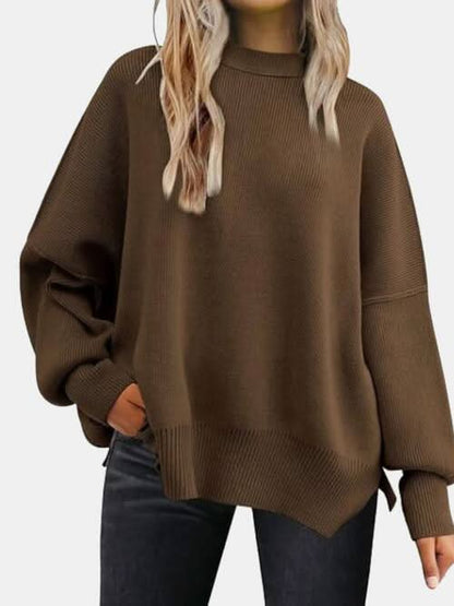 Round Neck Drop Shoulder Slit Sweater - LustMia