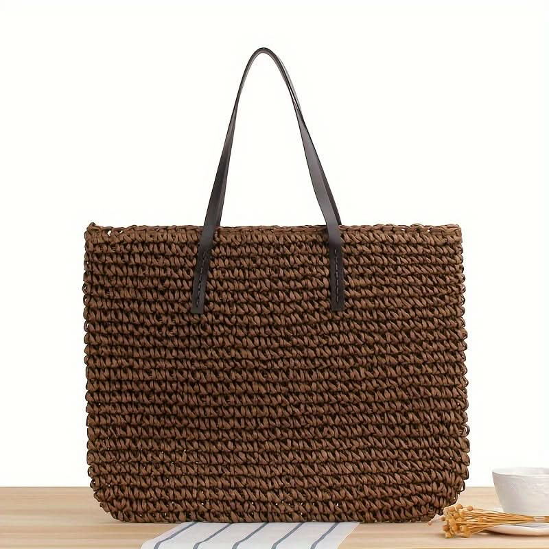 1pc Straw Woven Tote Bag (18.9''x14.17''/48cm*36cm), Luxury Handbag, Large Capacity Fashion Beach Shoulder Bag, Casual Summer Shopping - LustMia